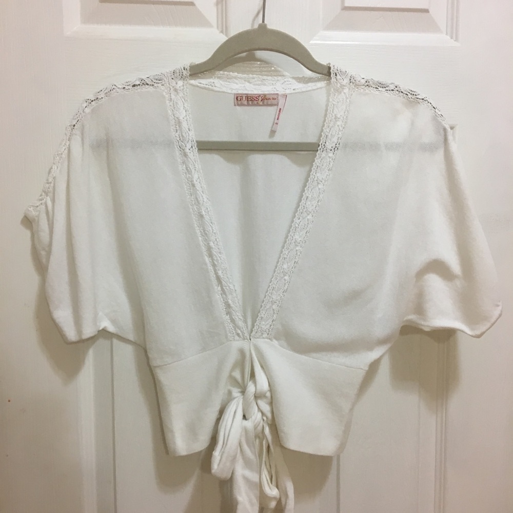 Guess white lace/crochet wrap around shirt